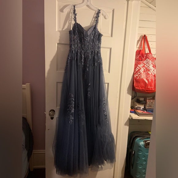 David's Bridal Blue Lace Prom Dress - Picture 6 of 6